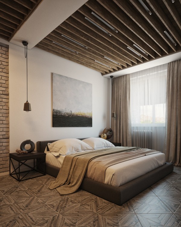 In the bedroom, parqueted wood flooring blends with painted brick, soft linens, and smooth surfaces to create a sleeping area that seems to transcend time with a bit of old and new.