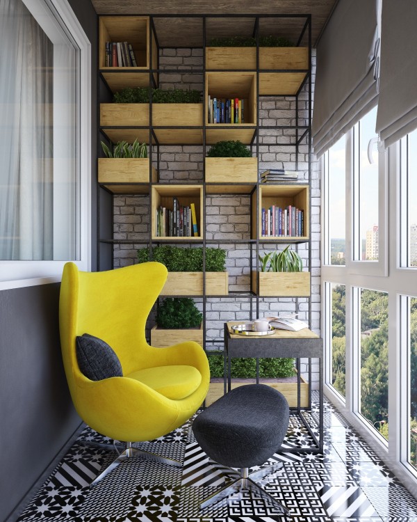 And finally, out on the terrace with an open view, you'll find shelving and a bright yellow chair along with bold tire work - all set against exposed brick. Exposed brick in this space as a whole has always been used as an accent, tying together all of the design elements while remaining playful with texture.