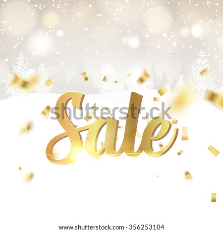 Gold template over gray background with golden sparks. Sale text over snow background. Market sign. Gold template over g...
