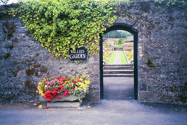 A photograph of a doorway in a wall leading to a garden beyond. A sign next to the doorway reads "WALLED GARDEN". There is a stone trough of flowers to the left of the doorway, and ivy hangs down over the wall.