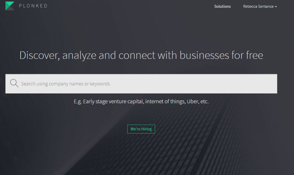 A screenshot of the landing page for Plonked: a dark grey webpage with a large central search bar. Above it the text reads, "Discover, analyse and connect with businesses for free."
