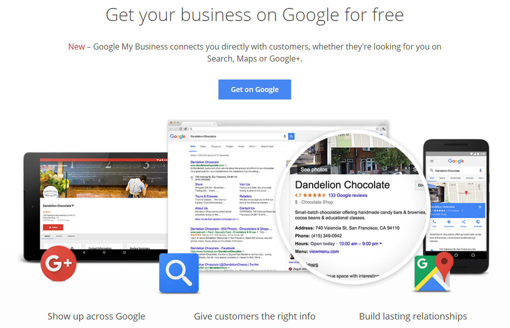 A screenshot of the welcome page for Google My Business, titled "Get your business on Google for free." Below the title it reads, "Google My Business connects you directly with customers, whether they're looking for you on Search, Maps or Google Plus."
