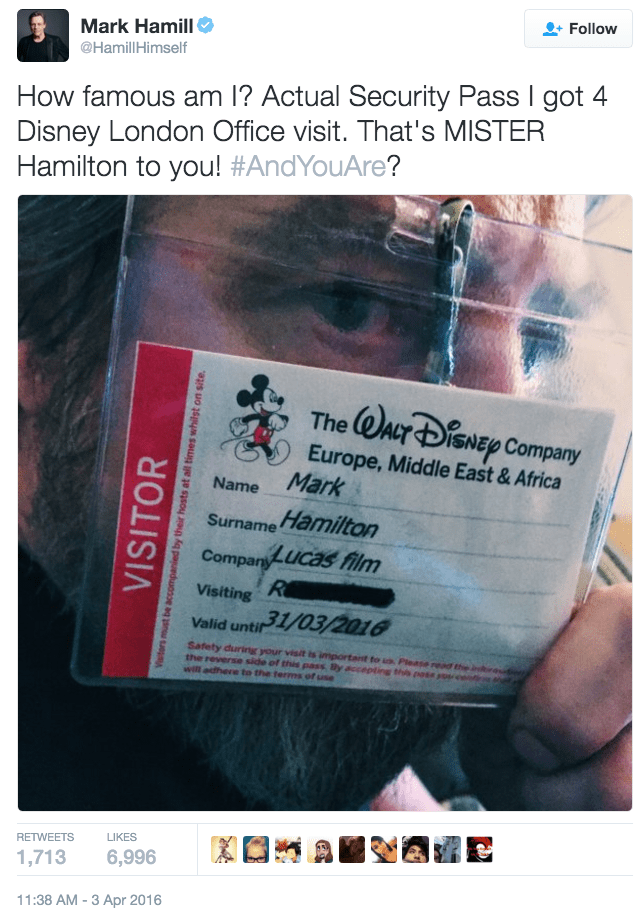 funny fail image Disney misspells Star Wars' Mark Hamill's name on pass