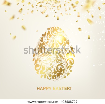 Easter egg with curves of ribbon confetti. Golden confetti egg on the background. Happy easter. Holiday card. Template for your design. Vector illustration.