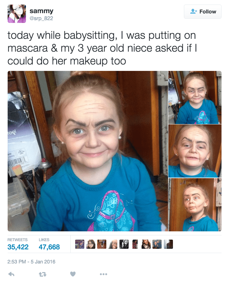 funny parenting image make up on toddler transformed her into old lady