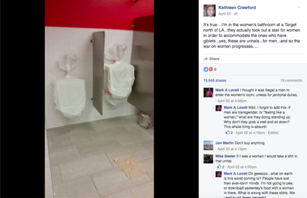 Just three days after the company announced the policy, a person on Facebook named Kathleen Crawford posted a photo of two urinals covered in plastic bags. The user alleged that a Target north of Los Angeles "took out a stall for women in order to accommodate the ones who have giblets."