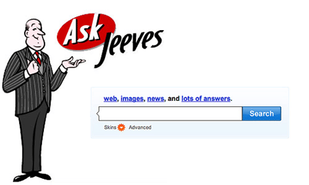 A screenshot of the old Ask Jeeves homepage circa 1996, with the smiling cartoon butler of Jeeves standing next to a search bar.