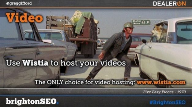 A still from the 1970 film 'Five Easy Pieces' showing a man who appears to be having an argument with a dog through a car window. The header at the top reads, "Videos" in orange. Below it, "Use Wistia to host your videos" is written in white. At the bottom it reads, "The ONLY choice for video hosting: www.wistia.com"