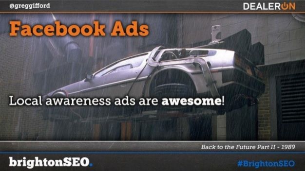 A still from the 1989 film 'Back to the Future Part II', showing a flying DeLorean in the rain, with the text "Facebook awareness ads are awesome!" across it.