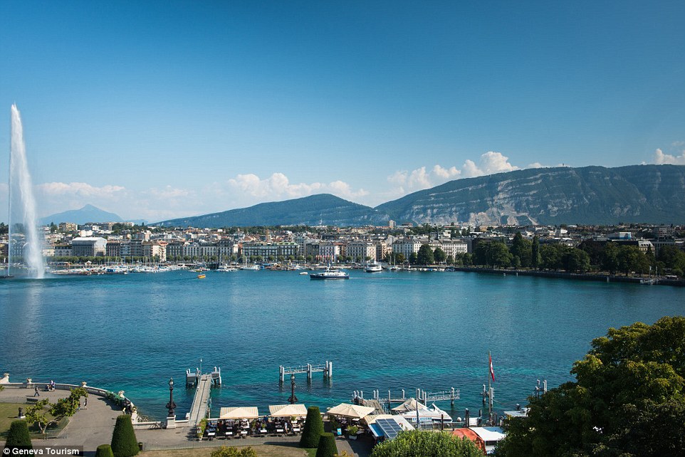 Centre of the city: Geneva sits on the stunning Lake Geneva, pictured. The Jet d'Eau fountain shoots water more than 450ft into the air