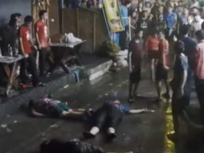 The family of three — son (foreground), mother (centre) and father (back left) — are knocked out unconscious. Picture: CCTV Image.