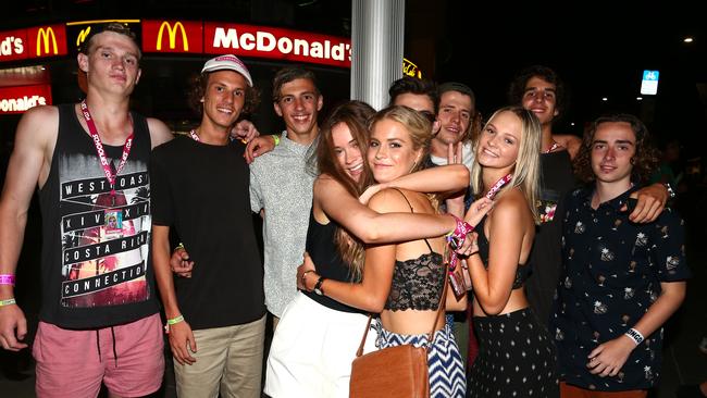 Mates at Schoolies Week on the Gold Coast in 2014. Picture: David Clark