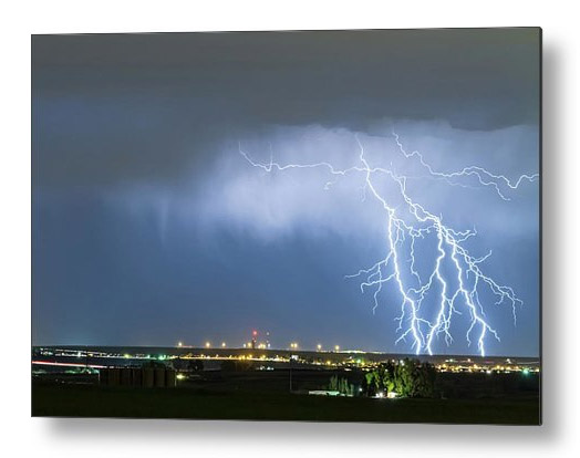 Northeast Colorado Lightning Strike And City Lights Metal Print