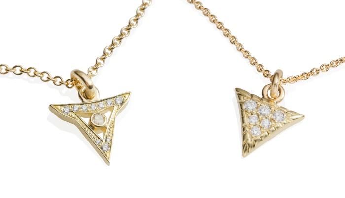 Gold and diamond necklaces from Lisa Kim's new jewelry collection, The Seabeast. Their shapes are inspired by the teeth and scales of seamonsters. Subtle and bold at the same time, with a hint of danger.