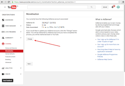 change youtube google adsense account