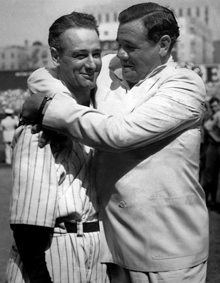 The Yankee duo reunited – Lou Gehrig and Babe Ruth at Yankee Stadium on July 4, 1939. Within a decade a similar testimonial would honor Ruth, who died from cancer in 1948. Lou Gehrig and Babe Ruth (right) on "Lou Gehrig Appreciation Day" (July 4, 1939) at Yankee Stadium, following Gehrig's retirement.