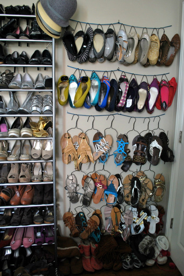 A DIY wire hanger shoe rack can give you shoe storage without taking up floor space.