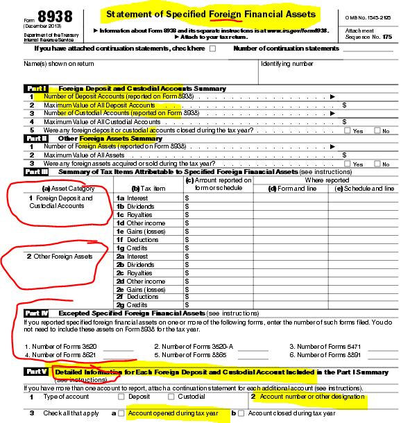 IRS Form 8938 Specified Foreign Financial Assets - Highlighted Marker