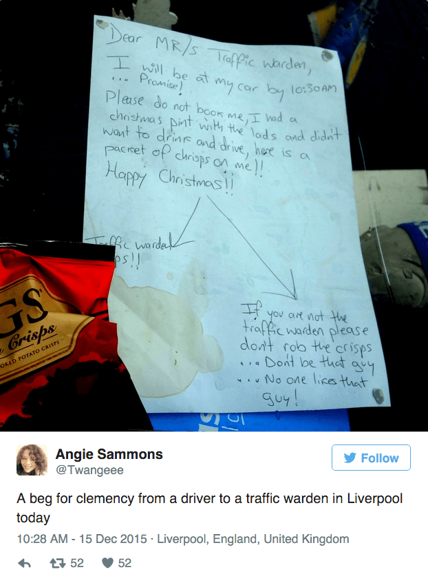 funny social media win man leaves note and bribe to avoid parking ticket