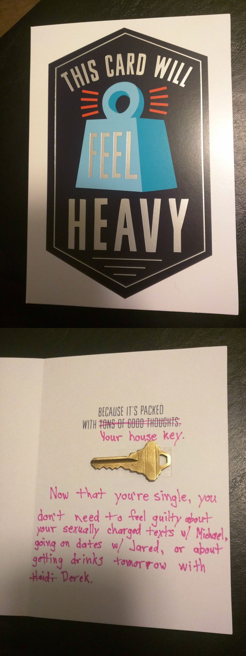 funny dating image guy breaks up IRL with card after discovering his gf was cheating