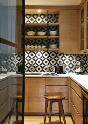 geometric white and black tile, modern kitchen, flat panel kitchen doors