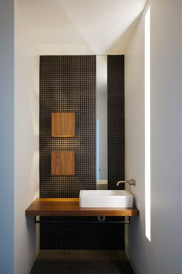 black and white bathroom, black mosaic tile, wood in bathroom, 