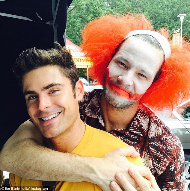 Fun and games: While on the Neighbors 2: Sorority Rising set, the star, dressed as a clown, posed for an Instagram photo with Zac Efron, captioning it: 'So good to catch up with my son'