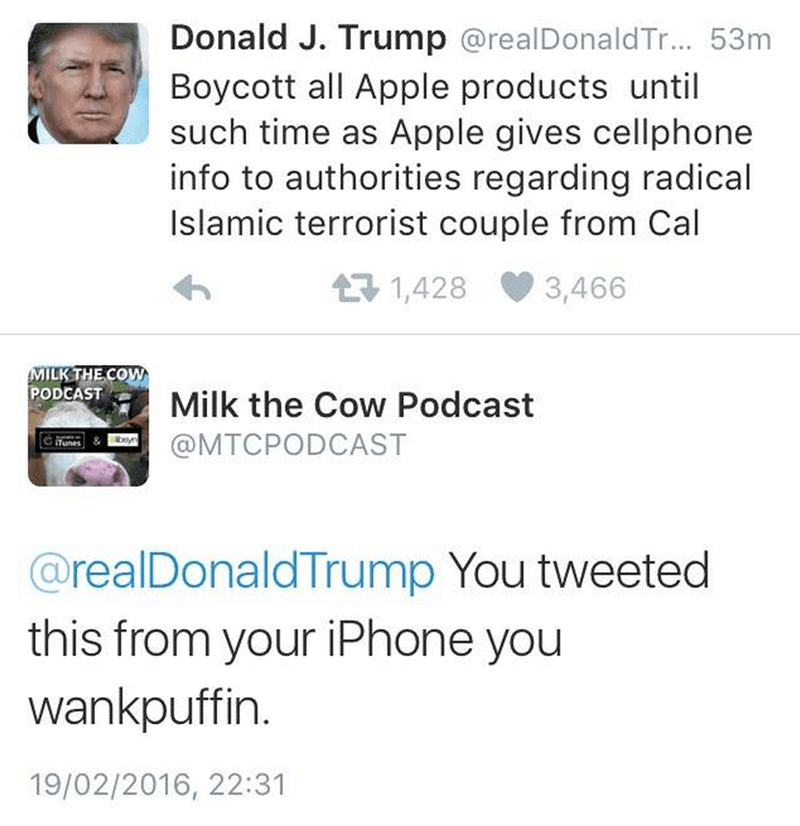 funny fail image Donal Trump tweets Apple boycott from iphone