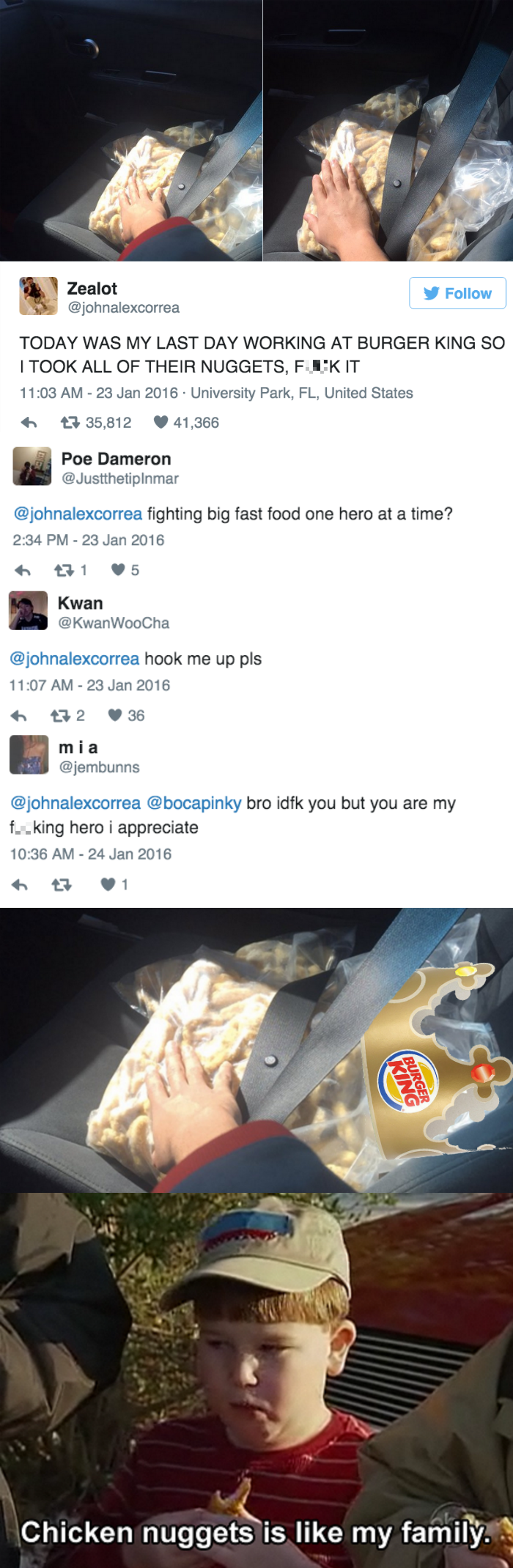 funny twitter image guy quits burger king job and steals all the nuggets