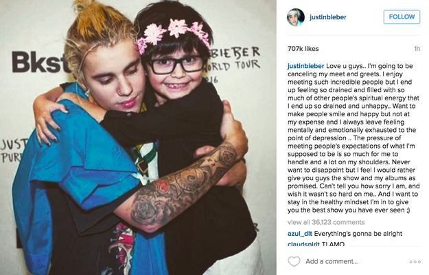 Justin Bieber has announced on Instagram that he is cancelling the meet and greet for his I'll Show You concert.