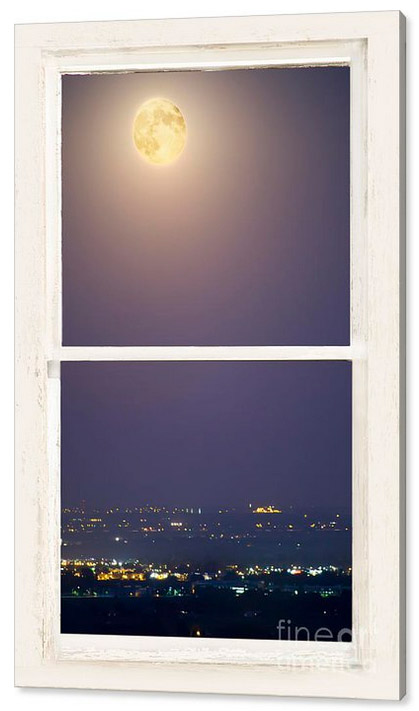 Super Moon Over City Lights View Through White Rustic Window Can