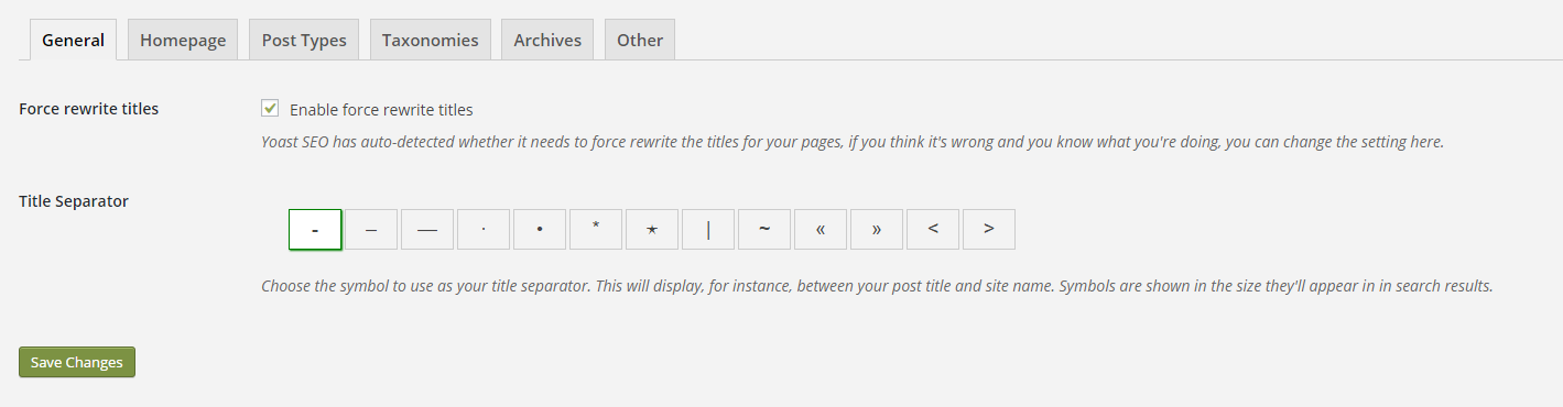 The "general" tab in the Titles & Metas section of Yoast settings