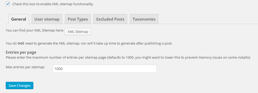 The "General" tab of the XML Sitemaps section