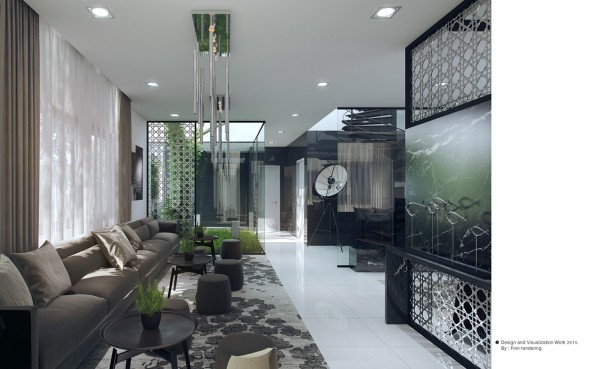 Last, but certainly not least, this interior concept from Finn Rendering (based in Bangkok) demonstrates an extreme erasure of boundaries between the modern interior and the natural world outside. It's a guest home concept with floor-to-ceiling windows – not just facing outward, but used to divide rooms indoors as well. Each angle reveals something new.