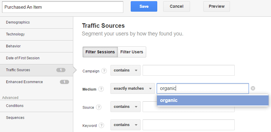 Custom Segment in Google Analytics - Traffic Source