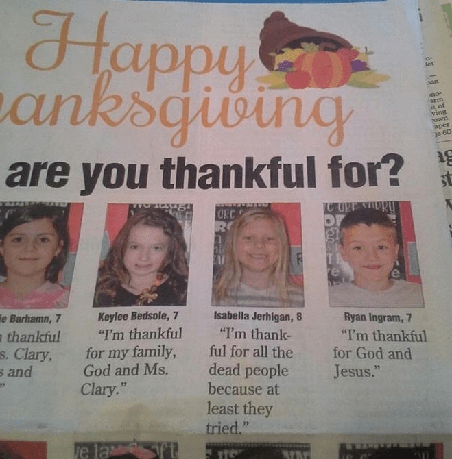 funny fail classic kids in newspaper being thankful 