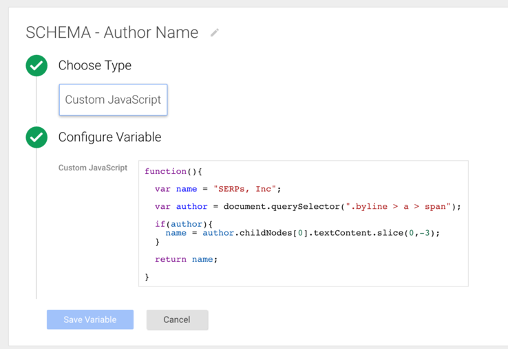 custom JavaScript google tag manager variable to extract and process copy