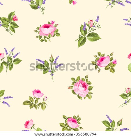 Rose and Lavender. Blossom provence flowers. Classical luxury old fashioned ornament, royal seamless texture for wallpap...