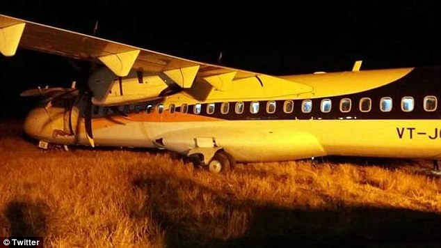 The Jet Airways flight ended up in the grass at Indore Airport after it skidded off a wet runway