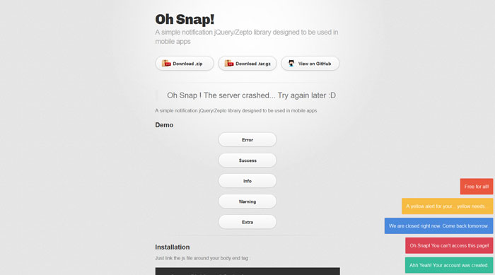 Oh Snap! - A simple notification jQuery/Zepto library designed to be used in mobile apps