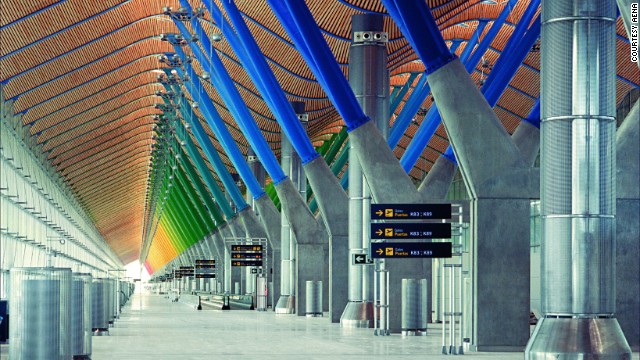 Architect Richard Rogers brought beautiful changing colors to Madrid-Barajas Airport in Spain. The main terminal's departures area is shown here.
