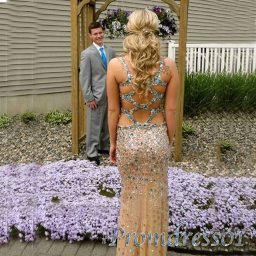 2015 Golden chiffon satin prom dress