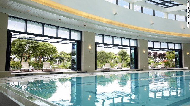 Relax after a day of traveling in the 25-meter swimming pool at the Hyatt Regency Incheon in South Korea.