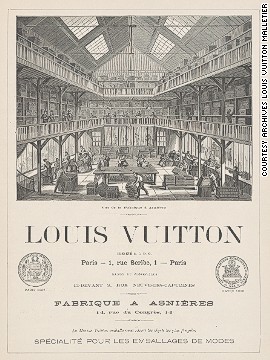 This print shows the interior of the Louis Vuitton factory in Asnières, and also displays the bronze medal awarded for his participation at the International Exposition of Paris in 1867. The print also carries an advertising slogan: "La Maison Vuitton packs the most fragile objects with safety."