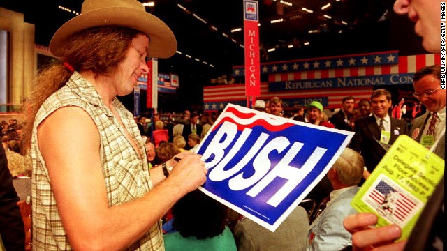 Nugent signs an autograph on the Astrodome floor during the 1992 Republican National Convention. Nugent worked with MTV's "Rock the Vote" campaign.