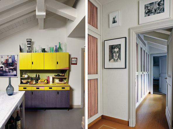 From left: in the kitchen, a Martino Gamper hutch is topped with a variety of objects acquired during trips to Portugal, Morocco and France, as well as a black-and-white piece by the Italian designer Ettore Sottsass. The photograph 