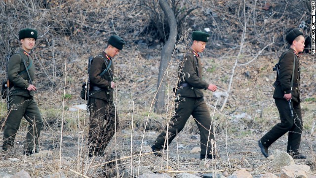 North Korean soldiers patrol near the Yalu River on April 4.