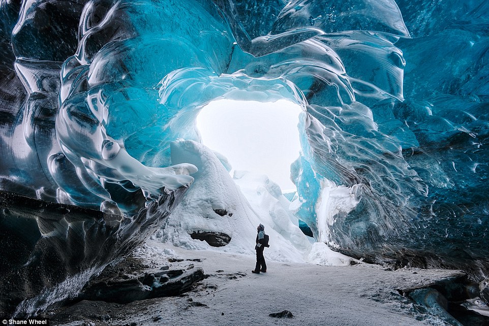 An ice cave at the Vatnajokull Glacier in Iceland shows up in magical blue and turquoise shades