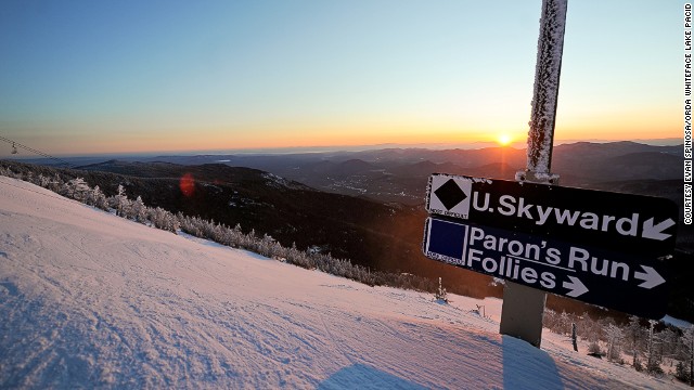 Pros flock to Skyward for the steep open run and unbeatable views over the Adirondacks' snow-dusted forests.