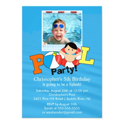 Summer POOL Party PHOTO Birthday Invitation boy 5" X 7" Invitation Card